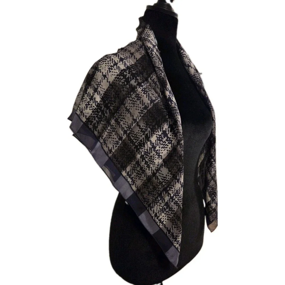 Ellen Tracy Unisex Silk Satin Plaid Square Scarf in Blue Gray Black
